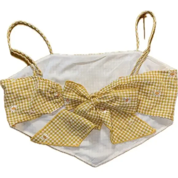 NWT Kirious LA Yellow Gingham Crop Top size L Floral Embroidery Spaghetti Straps - Picture 2 of 4